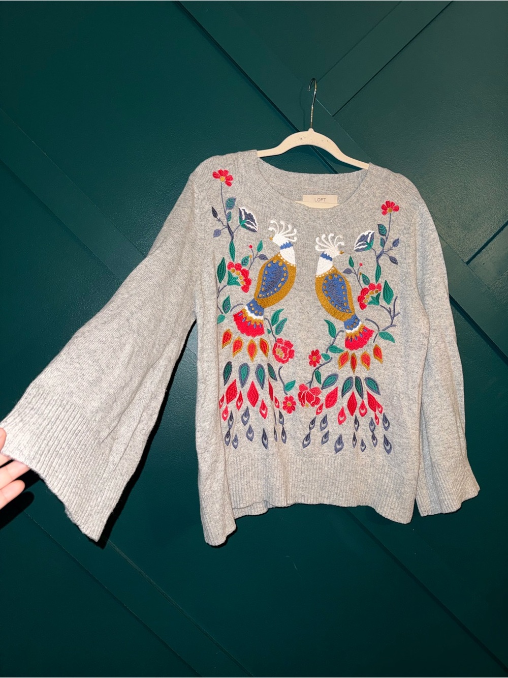 Loft Embroidered Floral Bird Peacock Art deco Sweater Wool Blend Bell Sleeves - Picture 4 of 9